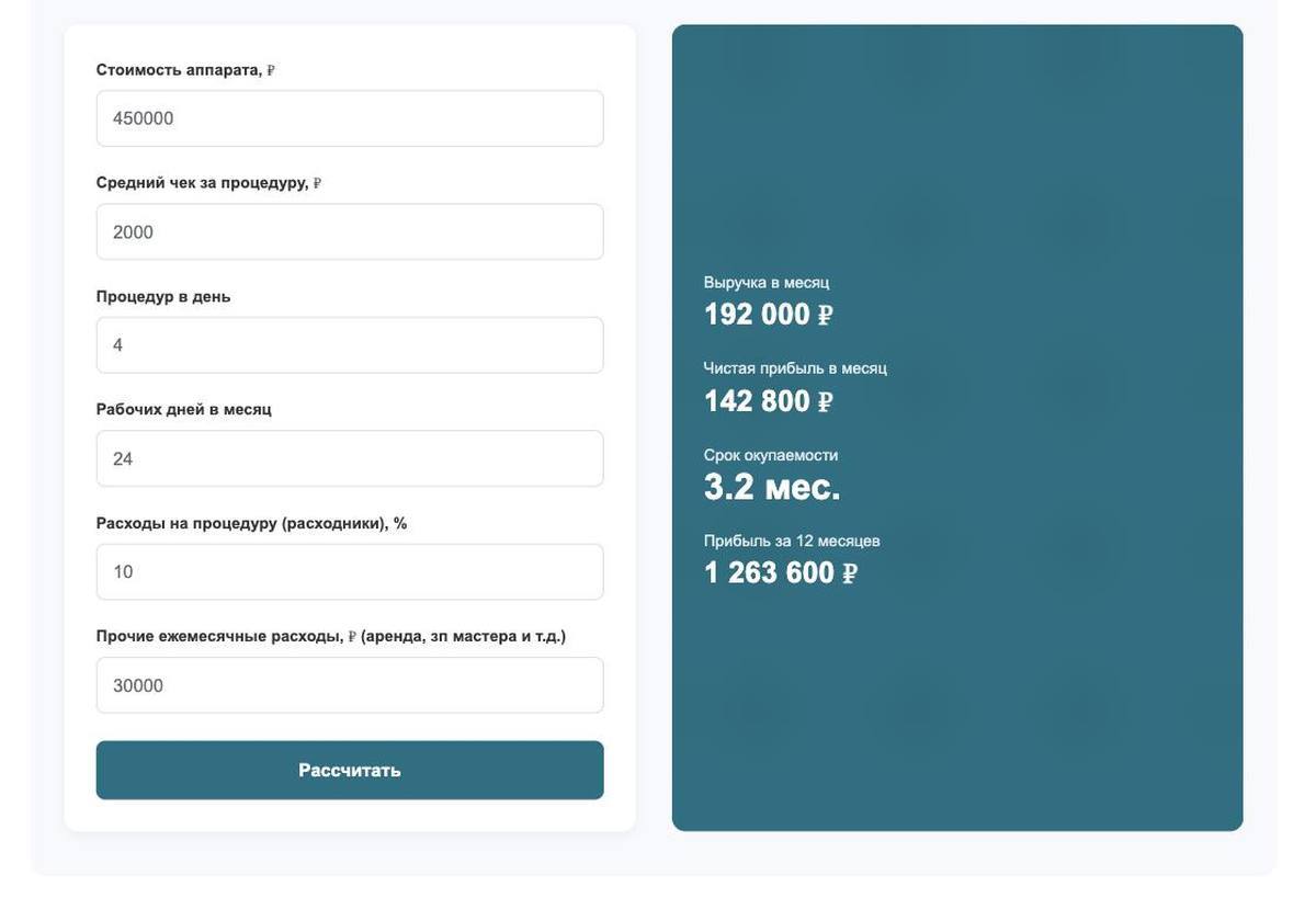 Калькулятор окупаемости оборудования на сайте contourline.ru